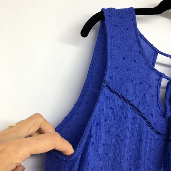 Umgee royal blue textured dot detail flowy ruffle tank top crochet hem SP - Picture 7 of 14